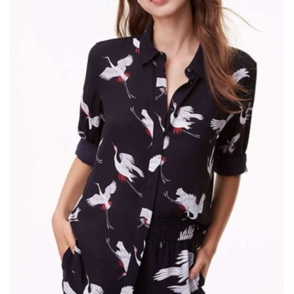 LOFT Button Down Blouse Medium Black Crane Bird Print Long Sleeve Preppy